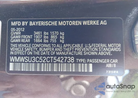 2012 Mini Cooper z USA, uszkodzony, nr VIN WMWSU3C52CT542738